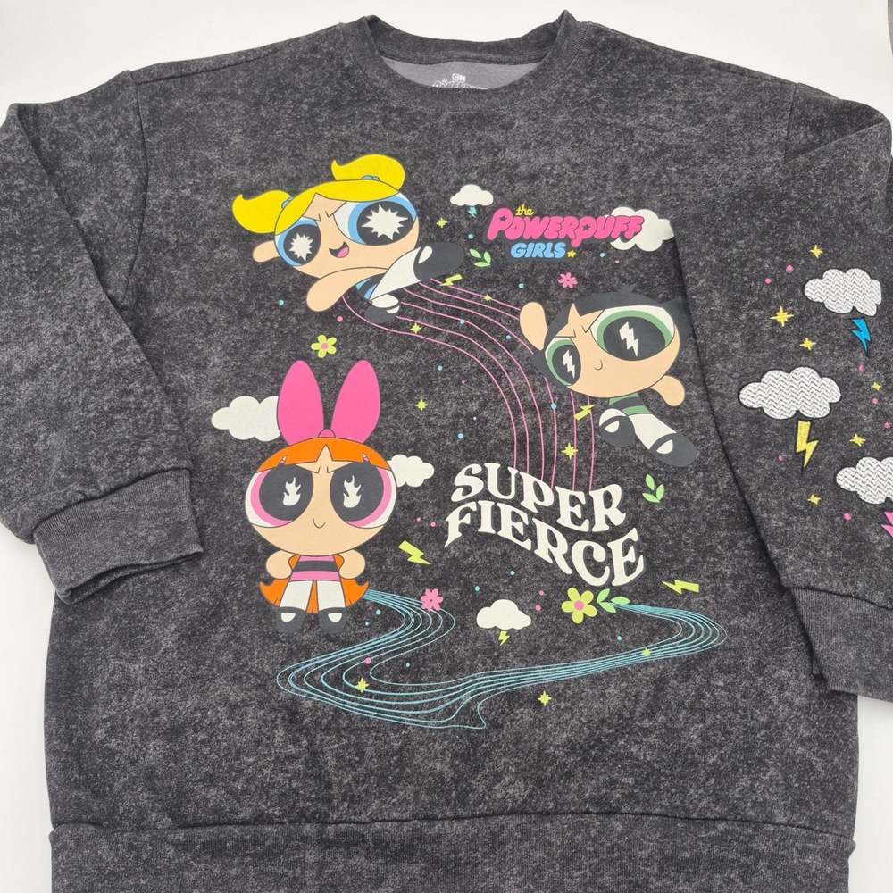 Powerpuff Girls Super Fierce Acid Wash Sweatshirt Freeze Grey Medium Women